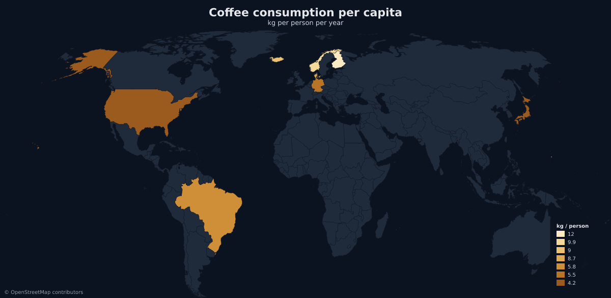 World choropleth of coffee consumption per capita, made through the maproll MCP server